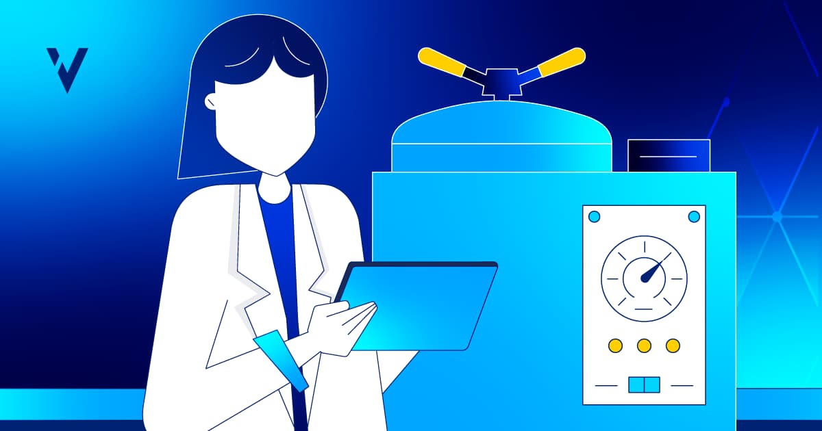 Illustration of a female commissioning and qualification (C&Q) engineer with lab equipment, holding a tablet. 