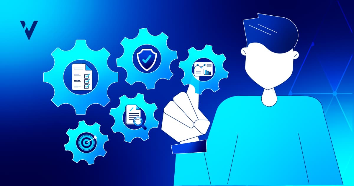 Illustration of interconnected gears, with icons representing uniting risk assessment with continued process verification cpv