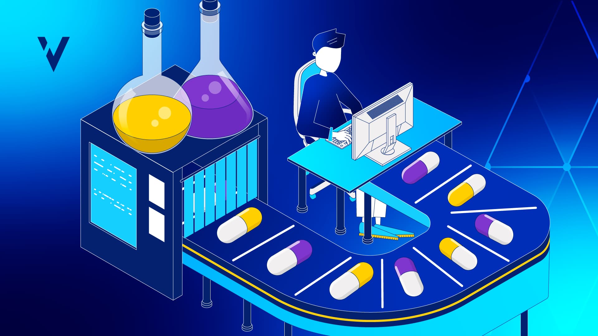 Drug capsules on conveyor belt in manufacturing facility