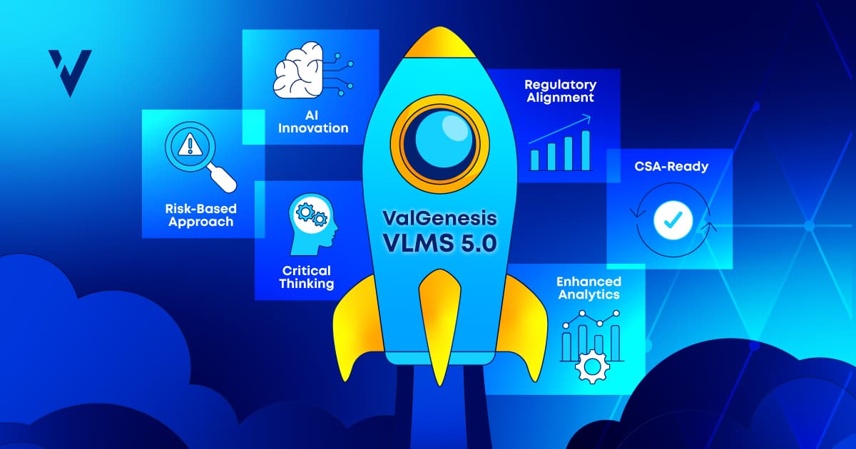 Blue rocket labeled ValGenesis VLMS 5.0 surrounding by icons for AI innovation, regulatory alignment, CSA-ready, enhanced analytics, critical thinking, and risk-based approach. Blue background with V logo.