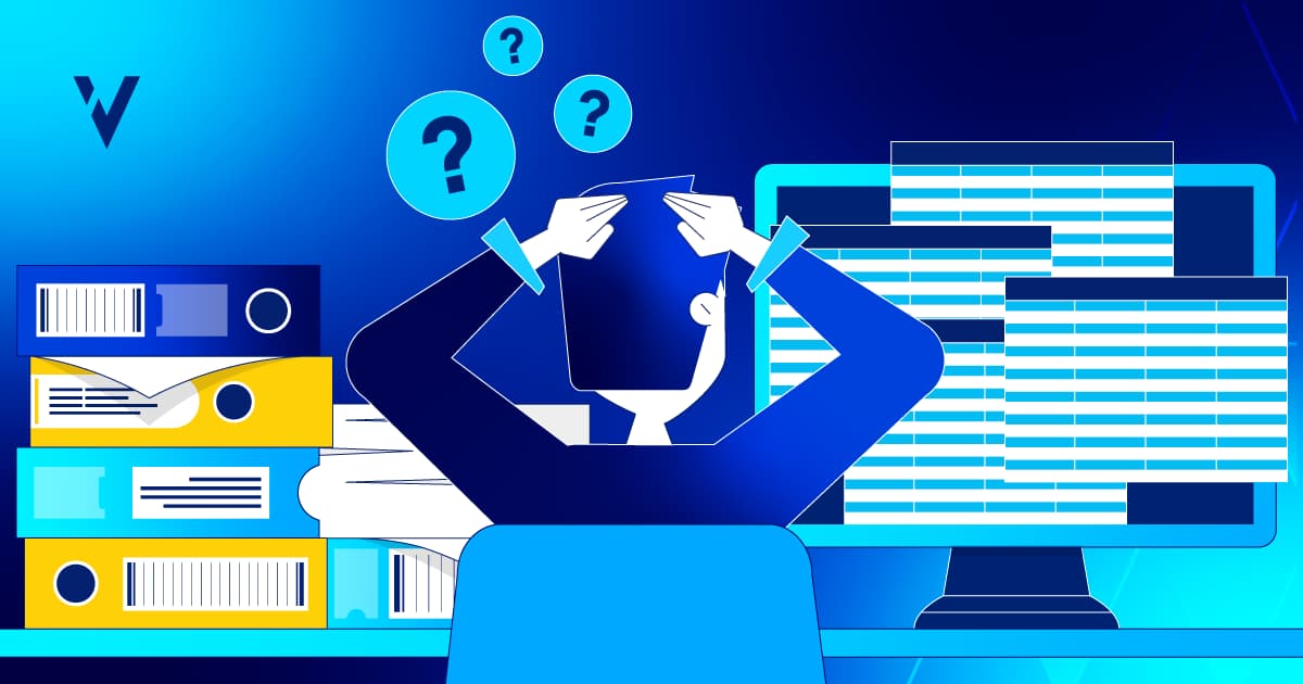 Man in front of computer, question marks above his head. Concept of uncertainty around implementing computer software assurance, a new approach to software validation in life sciences.