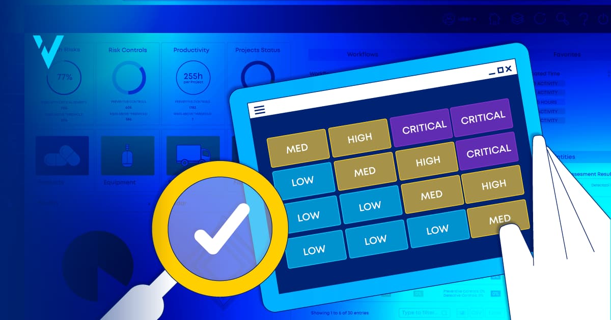 Tablet displaying risk levels (Low, Medium, High, Critical) with a magnifying glass and check mark, against a dashboard background.