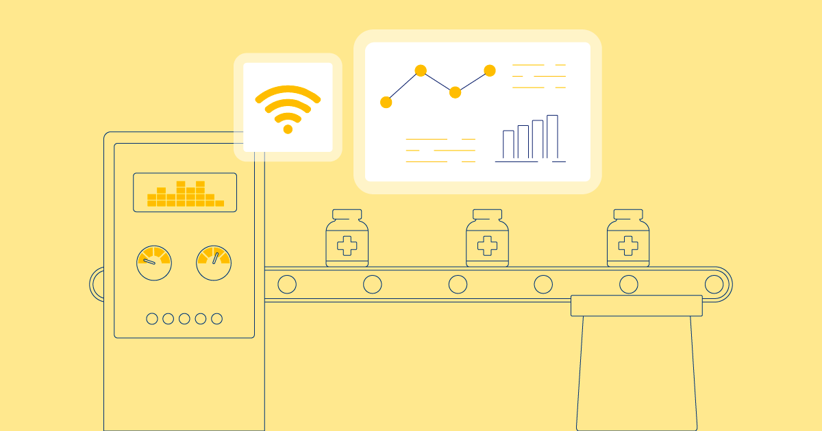 Illustration of process analytical technology (PAT) monitoring real-time data on a pharmaceutical production line