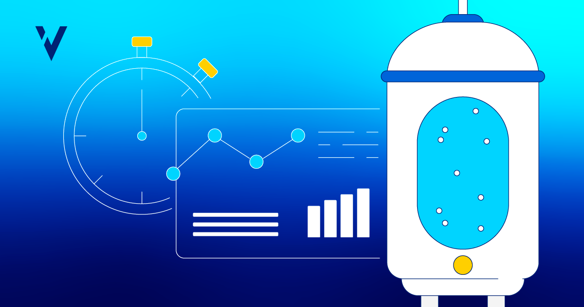 Illustration of a stopwatch, data dashboard with charts, and a bioreactor vessel, representing automation and data monitoring in equipment qualification workflows