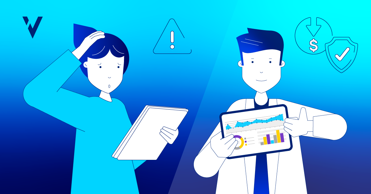Side-by-side illustration of a worried person with papers and a confident person holding a tablet with charts, symbolizing tech transfer inefficiencies vs. digital solutions.