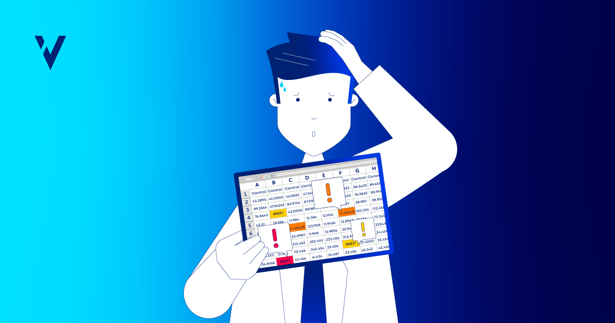 Illustration of a worried professional reviewing an error-filled spreadsheet—highlighting how spreadsheet chaos can derail Quality by Design in pharma and disrupt CMC manufacturing and development.