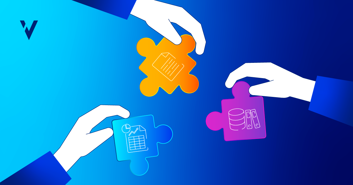 Three hands connecting puzzle pieces symbolizing data, documentation, and digital records—representing the need for unified systems in equipment qualification in pharma