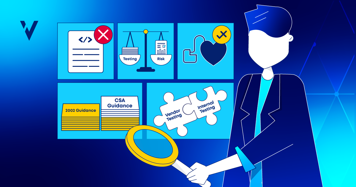 Illustration representing computer software assurance (CSA) with icons showing testing, risk, and guidance comparison, including 2002 Guidance and CSA Guidance