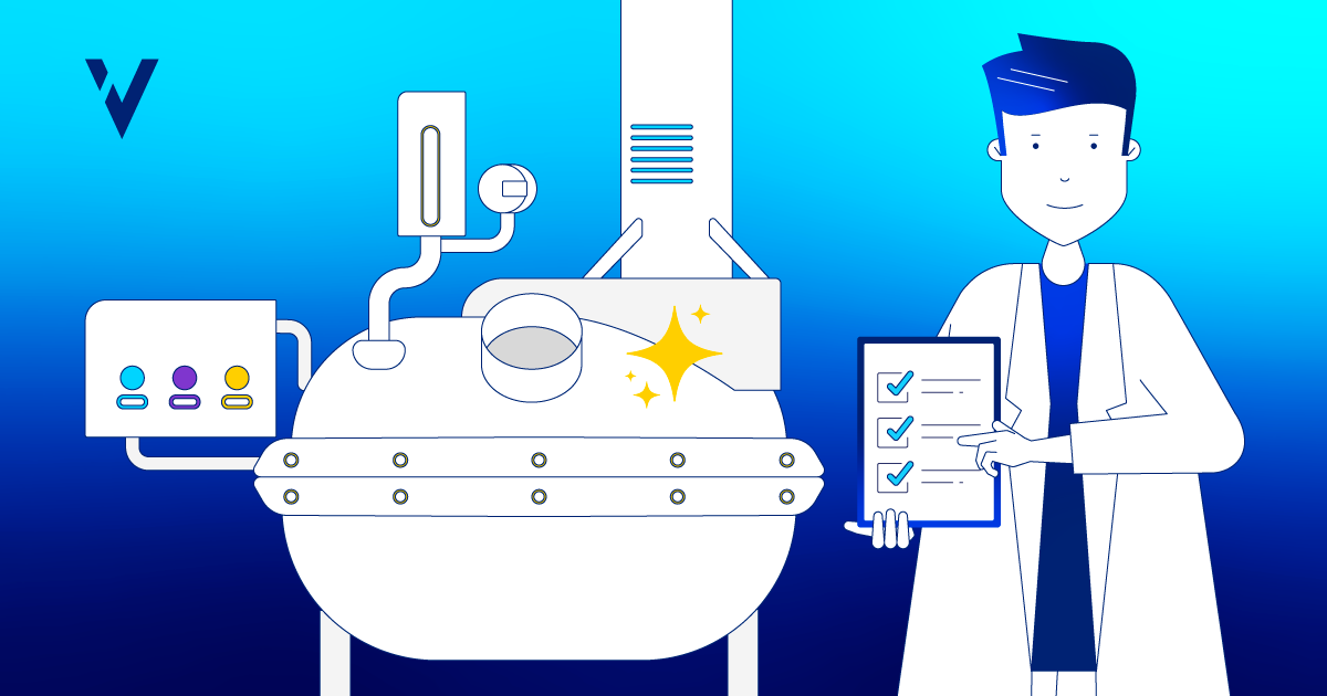 Illustrated scientist holding a checklist next to sanitized pharmaceutical equipment, symbolizing cleaning validation procedures