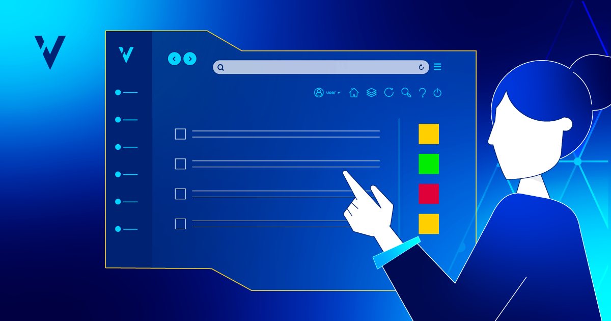 A woman pointing at a digital interface with a checklist of software requirements and colored indicators of risk levels. 