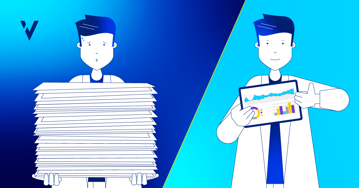 Split image of large paper stack on left (manual CQV) and tablet on right (digital CPV)