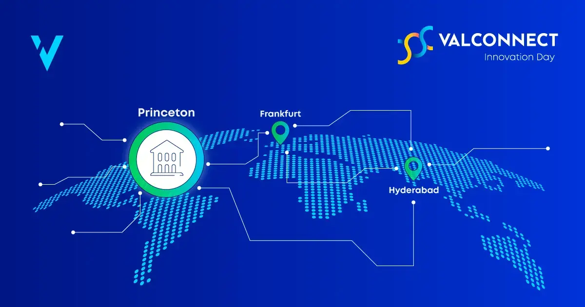 Map highlighting ValConnect Innovation Day 2025 locations: Princeton, Frankfurt, and Hyderabad.